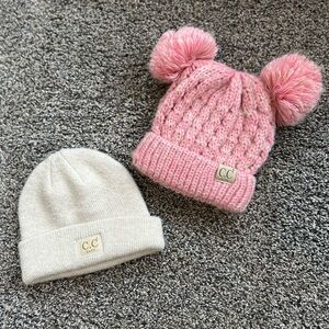 C.C Kids Pink and Cream Pom Pom Beanie Set
